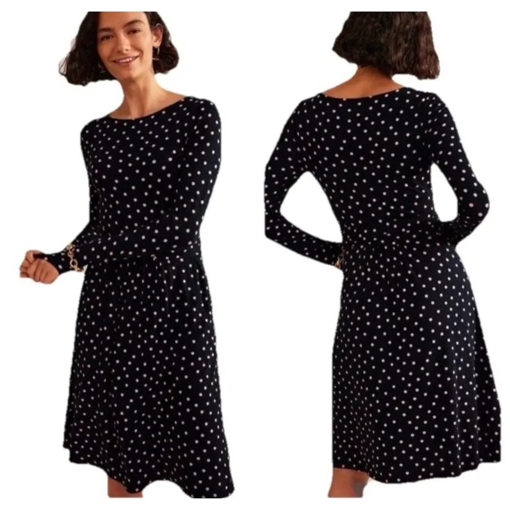 NWT Boden Abigail Polka Dot Long Sleeve Jersey Dress Black and Light Pink 12P